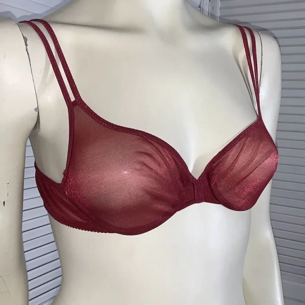VICTORIA'S SECRET Vintage‎ 1997 Sheer Unpadded Bra Underwire Red Shimmer 34B
